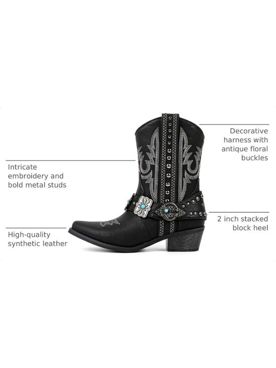 Shoes - Women's Black Ankle High Block Heel Pointed Toe Cowboy Rodeo Concert Boot
